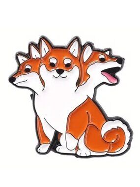 Dog Enamel Pin 3 Headed Shiba Inu Fox Brooch Funny Bag Charm Backpack Whimsical